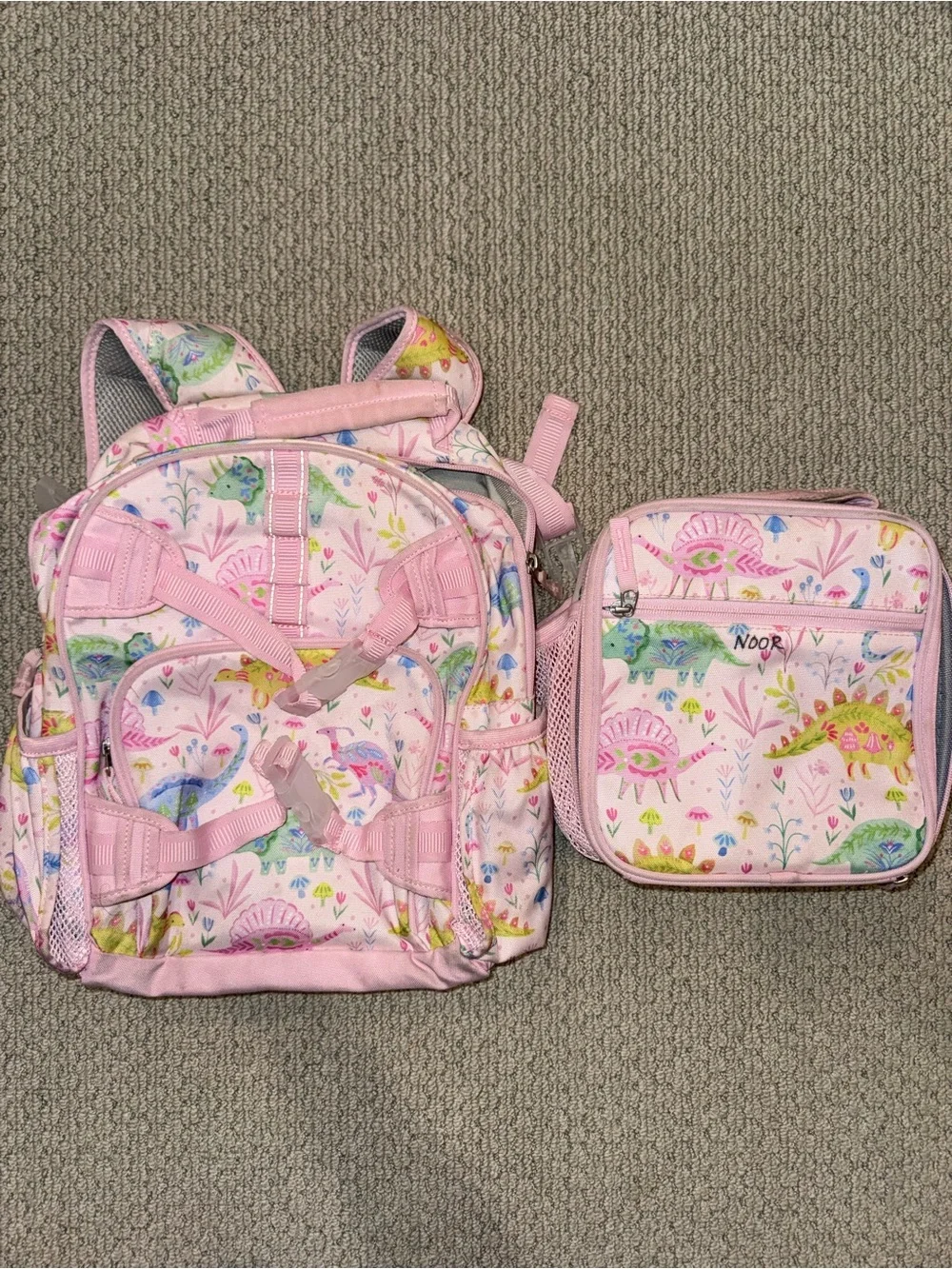 Pottery Barn size small Kids Pink Dino Print Backpack and Lunch Bag Set